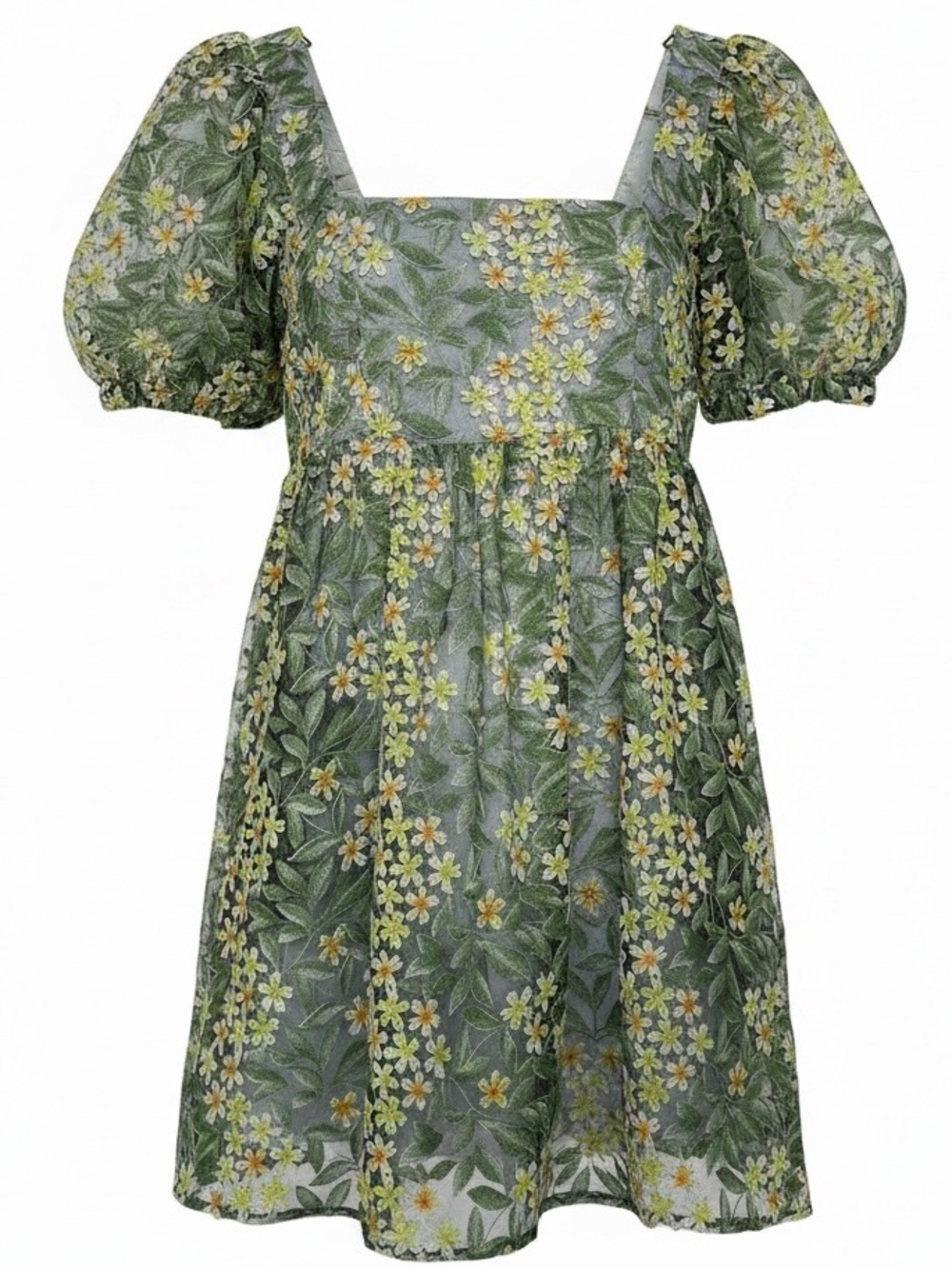 Luba by Payne Yellow Green Floral Puff Sleeve Mini Dress